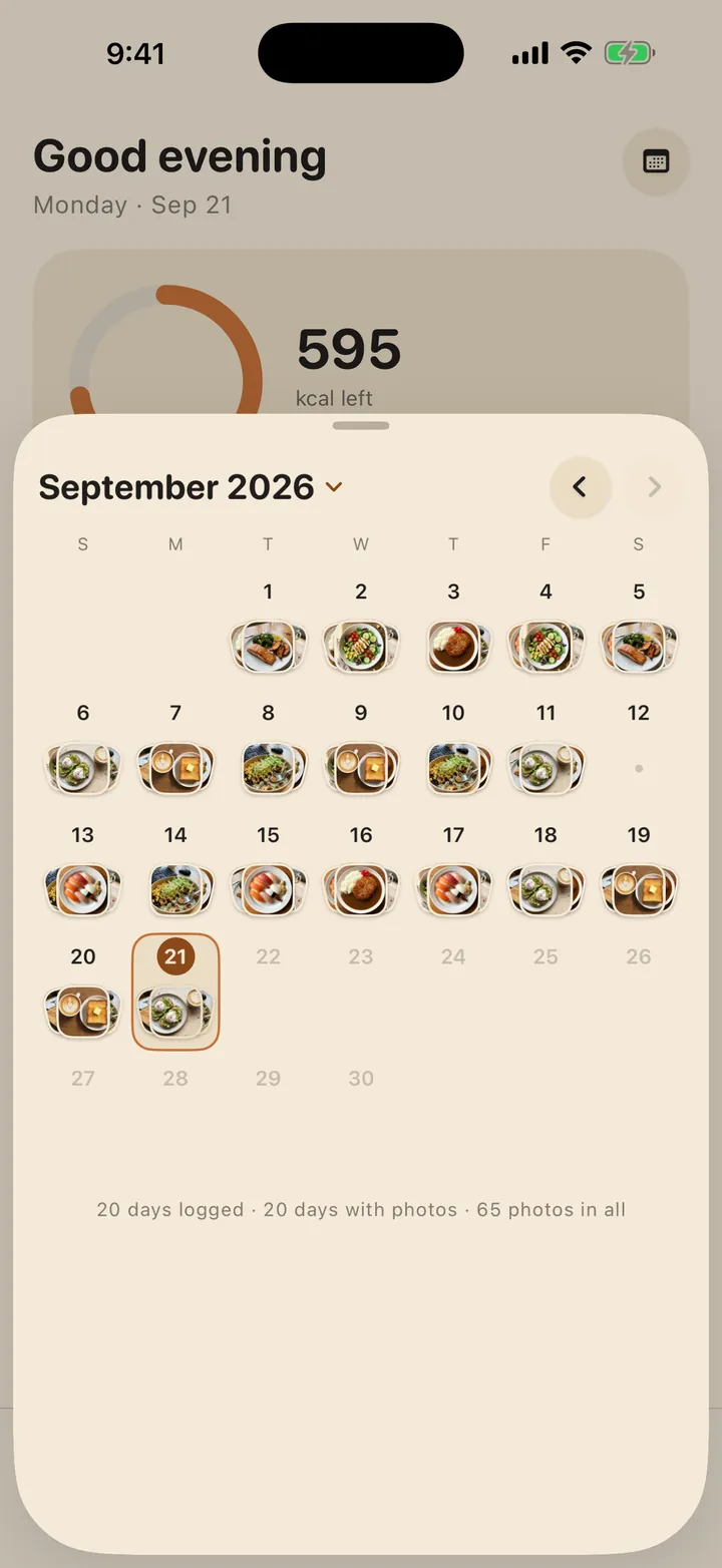 The photo calendar: each day shows that day's first meal photo.