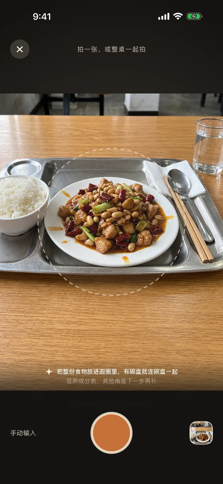 Feastie 的相机画面：把整盘宫保鸡丁放进圆圈里拍，有碗盘就连碗盘一起。