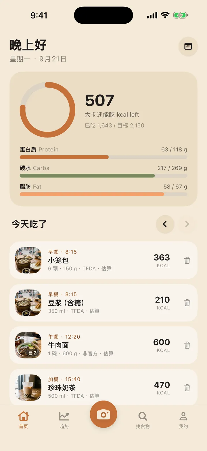 首页：今天还能吃 507 大卡，下面是三大营养素和今天吃的每一餐。